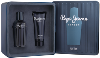 Pepe Jeans Celebrate For Him zestaw prezentowy: ciemnoniebieska woda toaletowa i tuba w otwartym pudełku z żebrowaną teksturą.