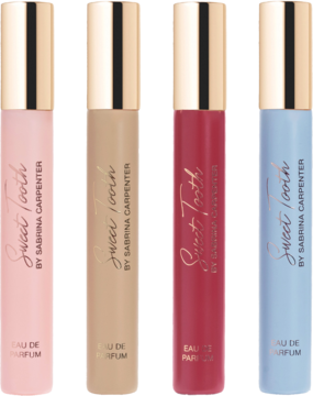 Zestaw 4 mini perfum Sweet Tooth by Sabrina Carpenter: różowy, beżowy, czerwony i błękitny, złote zakrętki.