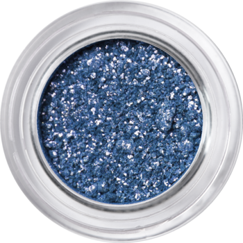 Chromatyczny pigment Vanity Goddess 108 Enchantress. Otwarte, okrągłe opakowanie z mieniącym się niebieskim brokatem.