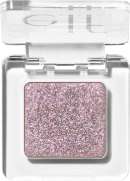 e.l.f. Fine as Fleck Glitter Eyeshadow: błyszczący, różowo-fioletowy cień z brokatem, w otwartym, przezroczystym etui.