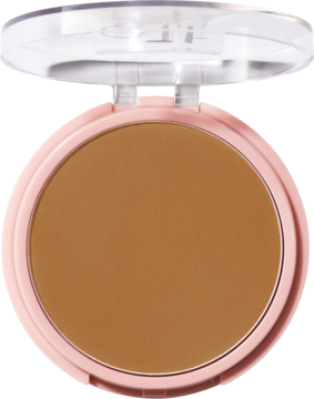 Otwarty puder prasowany e.l.f. Halo Glow Deep Neutral w różowej, okrągłej puderniczce, widok z góry.