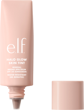 e.l.f. Halo Glow Skin Tint, różowa tuba serum z mineralnym SPF 50, otwarta, widok z przodu.