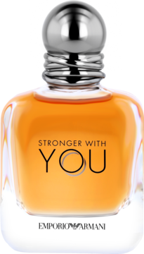 Emporio Armani Stronger With You męska woda toaletowa. Bursztynowa butelka z metalową zakrętką, widok z przodu.
