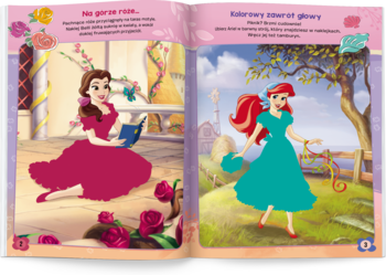 Książka z naklejkami do tworzenia stylizacji Księżniczki Disney. Belle w czerwonej sukni, Ariel w turkusie, na otwartych stronach.