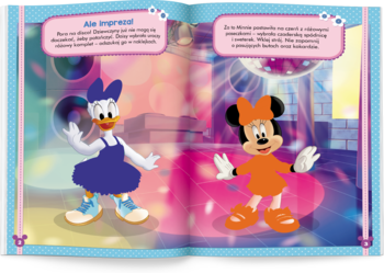 Otwarta książka. Na stronach Minnie i Daisy, stroje na imprezę, brokatowe naklejki do ubierania postaci.