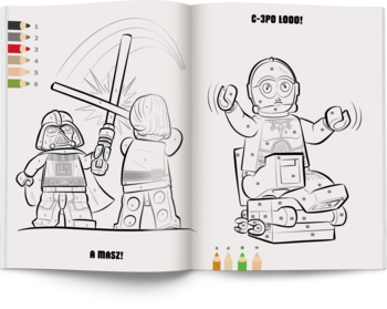 Kolorowanka Star Wars LEGO, otwarta na dwóch stronach: walczący Vader i Luke, C-3PO do pokolorowania. Rozwija manualnie.