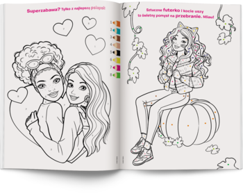 Otwarta kolorowanka Barbie według kodu, z ilustracjami dwóch dziewczynek do pokolorowania cyframi.