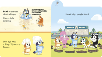 Książka Bluey: otwarte strony z postaciami Bluey i Bingo, bawiącymi się w błocie, obok opisy.