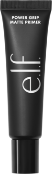 Czarna, matowa tubka kosmetycznej bazy e.l.f. Power Grip Matte Primer, widok frontalny.