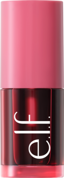 e.l.f. Sheer For It tint Left On Red, szklana butelka z czerwonym płynem i różową nakrętką, widok z przodu.