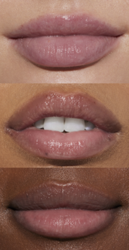 Trzy pary ust w różnych odcieniach skóry z nawilżającym balsamem e.l.f. Squeeze Me Vanilla Frosting.