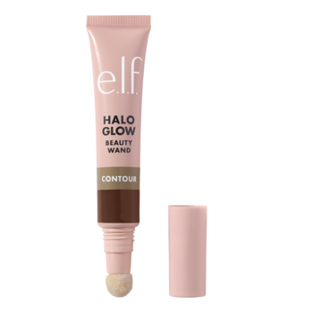 e.l.f. Halo Glow Contour Beauty Wand Tan Deep, różowy sztyft z brązowym bronzerem, widok z boku, z otwartą skuwką.
