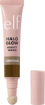 e.l.f. Halo Glow Contour Beauty Wand, płynny bronzer Medium Tan w różowej tubce z miękkim aplikatorem, nakrętka obok.