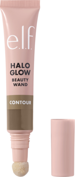 Różowa tubka e.l.f. Halo Glow Beauty Wand Contour bronzer w płynie, z widocznym beżowym aplikatorem i zdjętą nakrętką.