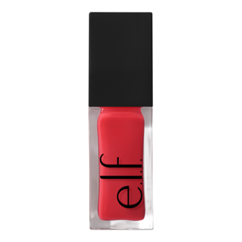 e.l.f. Glow Reviver Lip Oil Red Delicious, czerwony olejek w błyszczącej butelce z czarną nakrętką, widok z przodu.