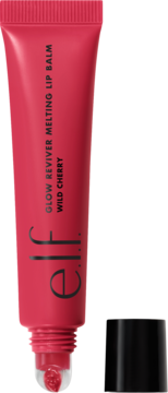 E.l.f. Glow Reviver Melting Lip Balm Wild Cherry w różowej tubce, otwarta, z widocznym aplikatorem do ust.