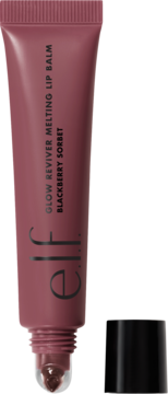 e.l.f. Glow Reviver Melting Lip Balm Blackberry Sorbet, różowa tubka z widoczną końcówką, obok czarna zakrętka.