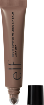 e.l.f. Glow Reviver Melting Lip Balm Java Chip, maślany balsam w brązowej tubce z aplikatorem, obok czarna nakrętka.