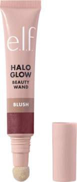 e.l.f. Halo Glow Beauty Wand róż w płynie Berry Radiant z gąbkowym aplikatorem, obok odkręcona zakrętka.