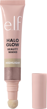 e.l.f. Halo Glow rozświetlacz Rose Quartz, różowa tubka z błyszczącą formułą, aplikatorem-gąbeczką i zdjętą nakrętką.
