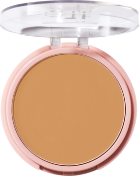 Otwarty puder prasowany e.l.f. Halo Glow w odcieniu Medium Warm, widok z przodu, różowy kompakt.