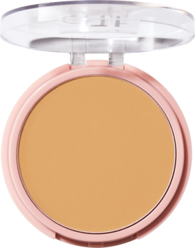Otwarty puder prasowany e.l.f. Halo Glow w pudrowo-różowej kasetce, beżowy odcień, widok z góry.