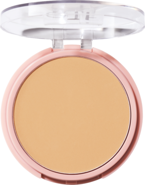 Otwarty, lekki puder prasowany e.l.f. Halo Glow Light Warm w różowym kompakcie, widok z przodu.