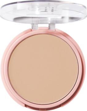 Otwarty prasowany puder e.l.f. Halo Glow Light Neutral w okrągłej jasnoróżowej puderniczce z jasnobeżowym pudrem.