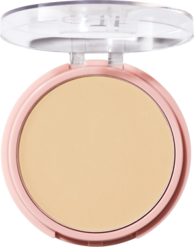 e.l.f. Halo Glow puder prasowany Fair Warm w otwartym różowym kompakcie, widok z góry na jasnobeżowy puder.