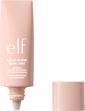 e.l.f. Halo Glow Skin Tint SPF 50, mineralny krem tonujący w beżowej tubce. Otwarta tubka.