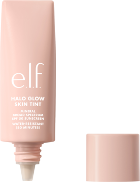 e.l.f. Halo Glow Skin Tint, jasnoróżowy tint-serum z mineralnym SPF 50, otwarta tubka z nakrętką obok, widok z przodu.