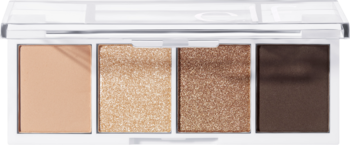 Paleta cieni do powiek w białym etui, z czterema neutralnymi odcieniami: matowy beż, złoto, brąz i ciemny brąz.