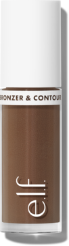 e.l.f. Camo Liquid Bronzer & Contour w brązowym odcieniu, przezroczysta butelka z białym wieczkiem. Z przodu.