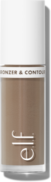 e.l.f. Camo płynny bronzer i kontur, brązowa butelka z białą nakrętką, widok z przodu.