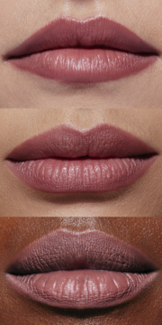 Trzy zbliżenia ust: kremowa konturówka e.l.f. Cream Glide Mauve Aside, półmat, na różnych odcieniach skóry.