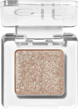 e.l.f. Fine as Fleck Champagne Showers, błyszczący cień/topper do powiek w otwartym, przezroczystym kompakcie.
