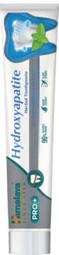 Himalaya Hydroxyapatite Herbal Toothpaste, biała tubka z miętą, grafiką zęba i napisem PRO+, widok z przodu.