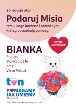 Plakat kampanii Rossmann "Podaruj Misia": biały miś w kolorowym, teksturowanym swetrze. Limitowana edycja.