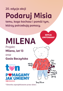 Plakat akcji Podaruj Misia Rossmann: rysunek białego misia w swetrze z cukierkową laską, projekt dzieci.