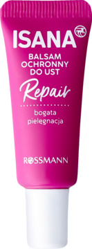 ISANA Balsam ochronny do ust Repair w różowej tubce z białą nakrętką, widok z przodu.