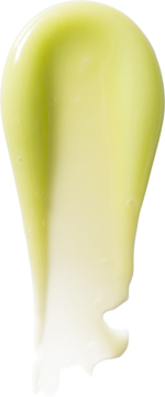 Gęsta smuga jasnozielonego, kremowego balsamu do ust Matcha Latte z peptydami, na czarnym tle.