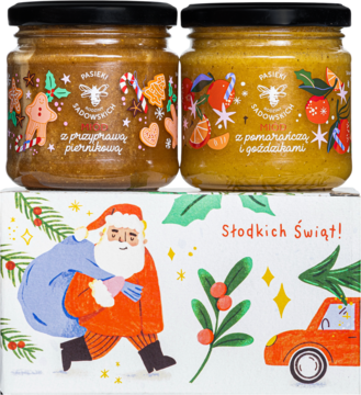 Zestaw 2 świątecznych miodów (piernikowy, pomarańczowo-goździkowy) w kartoniku z Mikołajem i życzeniami.