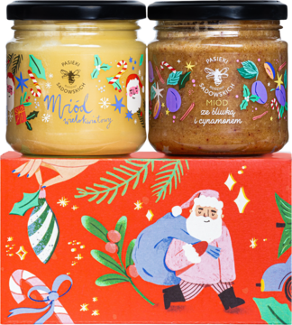 Świąteczny zestaw 2 miodów: wielokwiatowego i śliwkowo-cynamonowego. Dwa słoiki na czerwonym kartonie z Mikołajem.