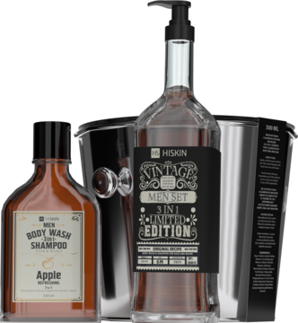 Hiskin zestaw Gentelman: whisky 330ml i gin body wash 500ml w butelkach, w srebrnych coolerach, widok z przodu.