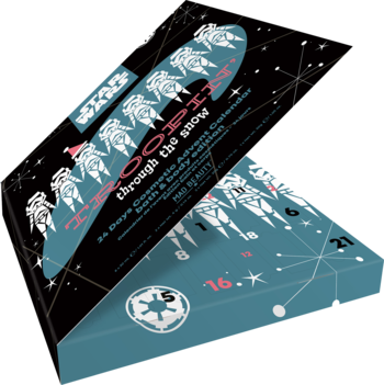 Otwarty kalendarz adwentowy Disney Star Wars z kosmetykami, czarno-niebieski, ze szturmowcami i logo Imperium.