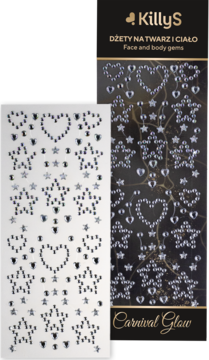 KillyS Carnival Glow, dżety na twarz i ciało: srebrne, błyszczące serca i gwiazdki. Widok arkusza obok ciemnego opakowania.