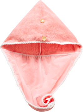 Miękki różowy turban Ewa Schmitt AT199 do olejowania włosów, z guzikami, leżący płasko z białym obszyciem.
