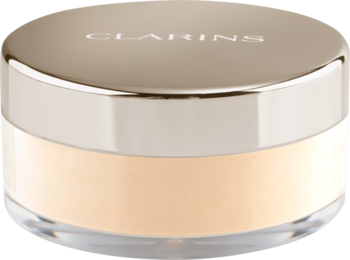 Puder sypki Clarins Ever Matte Loose Powder Universal Light, beżowy, widok z góry na lśniące wieczko z logo Clarins.