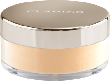 Puder sypki Clarins Ever Matte Loose Powder Universal Medium, w przezroczystym słoiczku ze złotą pokrywką, widok z góry.