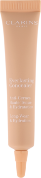 Clarins Everlasting Concealer, beżowy korektor w tubce z widocznym aplikatorem, napis 'Long-Wear & Hydration'.